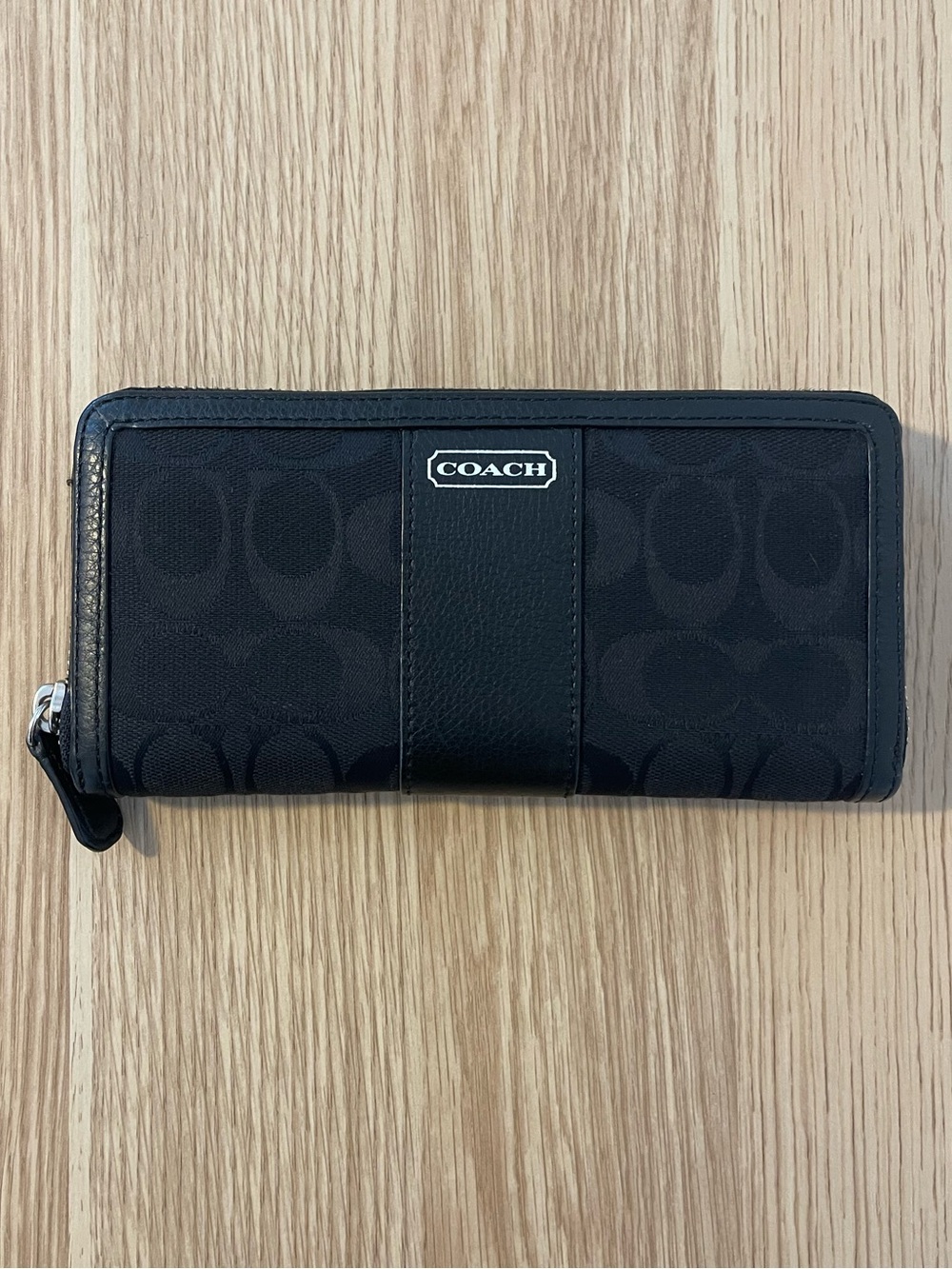 Coach Black Zip-Around Signature Wallet with Silver Hardware